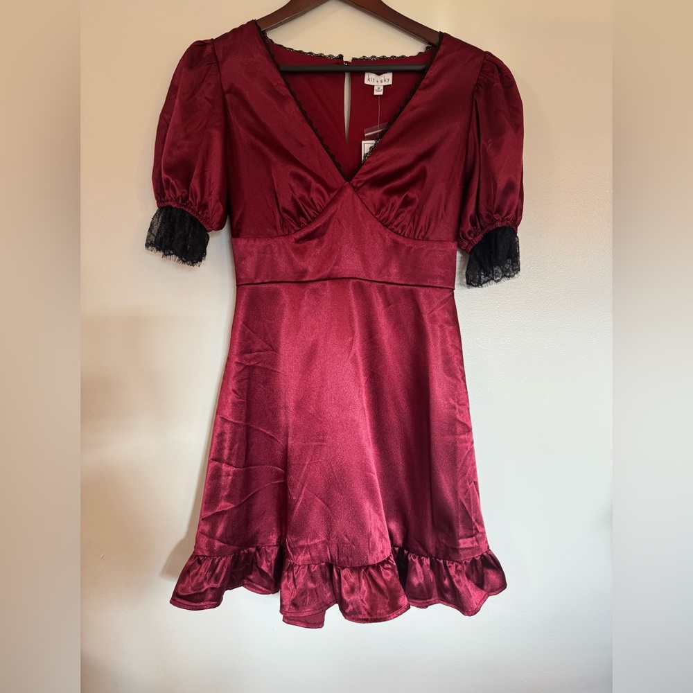 Valentine’s Kit + Sky Red Satin Dress Black Lace Dark Academia NWT Size Small